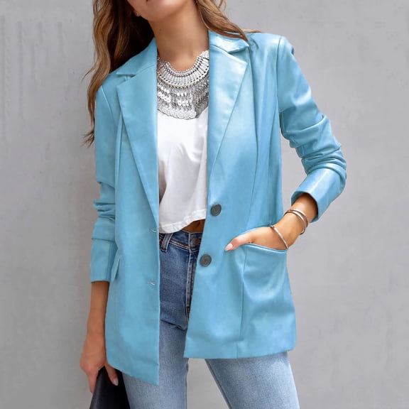 JNGSA Faux Leather Blazer Jacket for Women Casual Long Sleeve Solid Color Suit Collared Buttons Trendy Coat for Work Office Sky Blue M