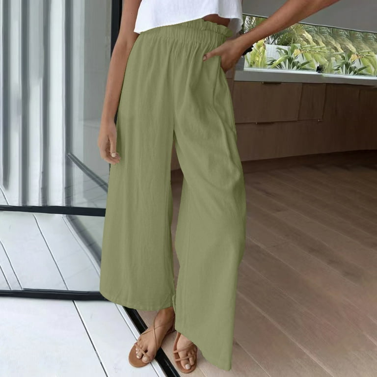 JNGSA Flowy Pants for Women Casual High Waisted Wide Leg Palazzo Pants  Trousers Solid Color Elastic Pants Army Green 8 