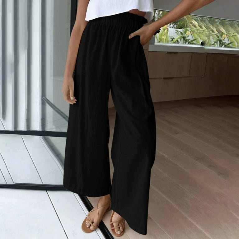 JNGSA Flowy Pants for Women Casual High Waisted Wide Leg Palazzo Pants  Trousers Solid Color Elastic Pants Black 6