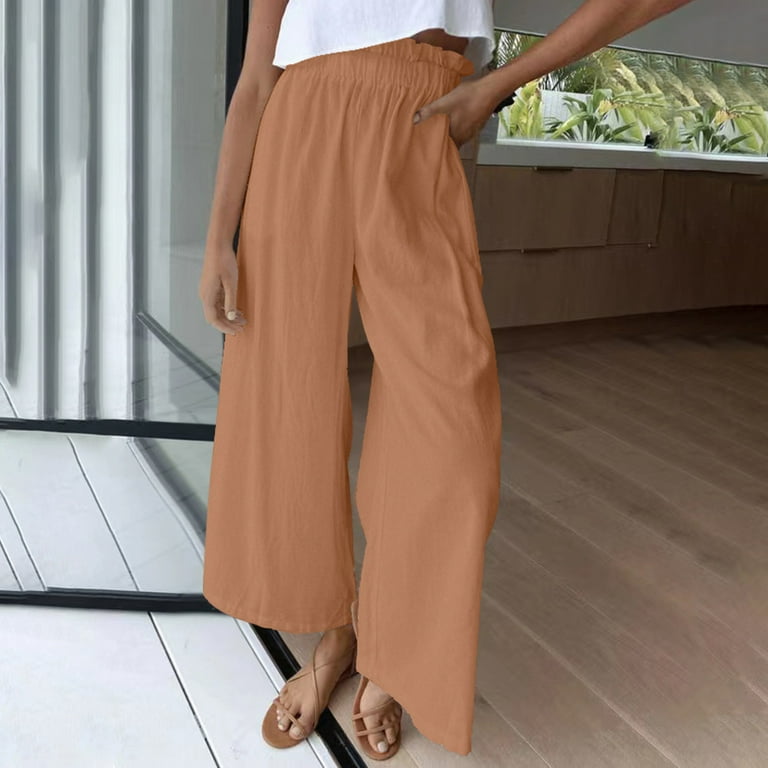 JNGSA Flowy Pants for Women Casual High Waisted Wide Leg Palazzo Pants  Trousers Solid Color Elastic Pants Khaki 6 