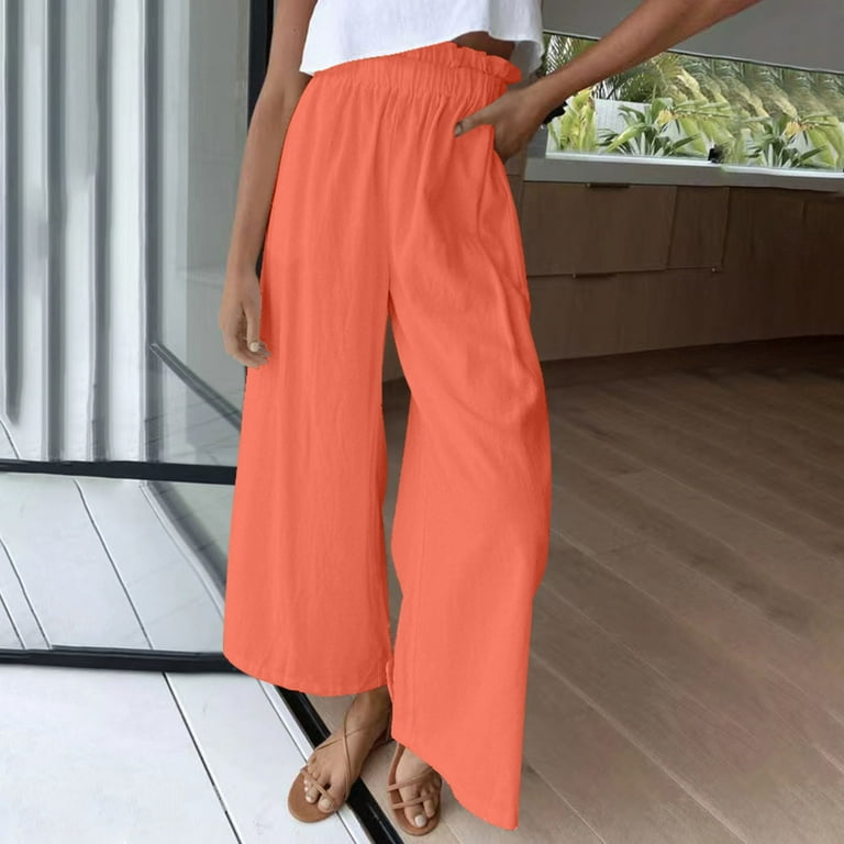 JNGSA Flowy Pants for Women Casual High Waisted Wide Leg Palazzo Pants  Trousers Solid Color Elastic Pants Watermelon Red 4 