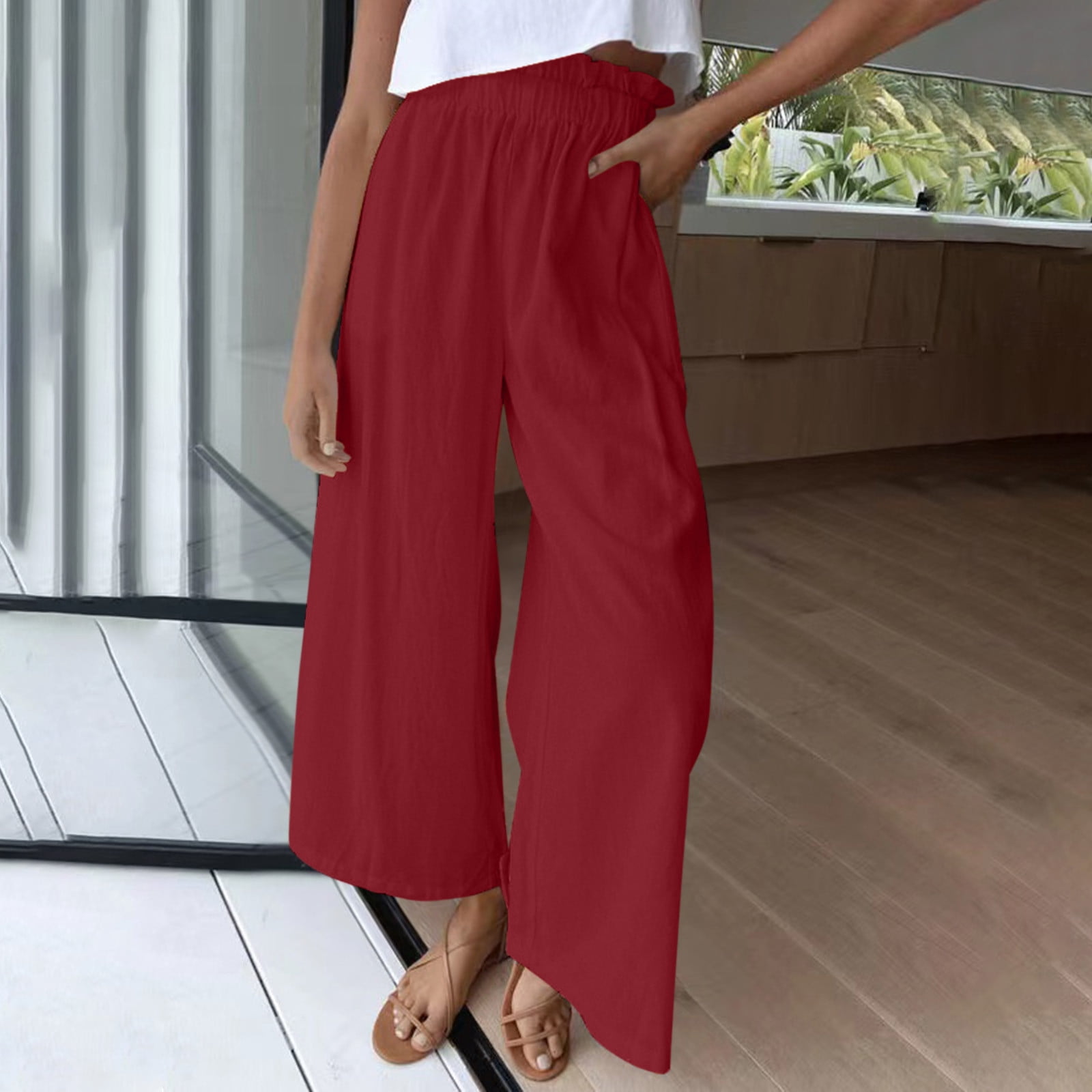 JNGSA Flowy Pants for Women Casual High Waisted Wide Leg Palazzo Pants  Trousers Solid Color Elastic Pants Watermelon Red 4 