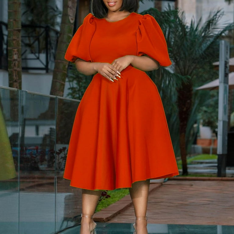 Jngsa Going Out Dresses for Women Women s Puff Short Sleeve Shirts Dress Solid Color Round Neck Tight Waist Dress A Line Flowy Dress Orange Size XL