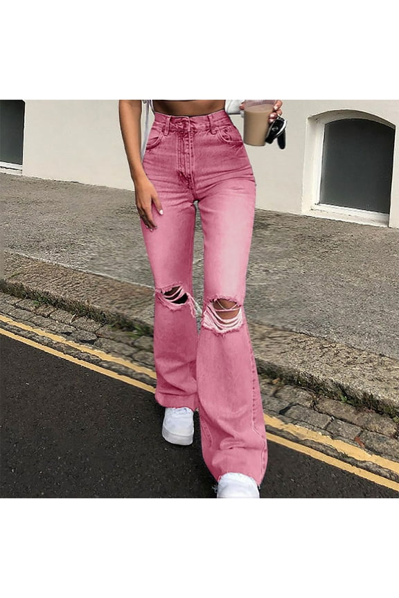 JNGSA Jeans for Women Trendy,Women's Casual High Waisted Mom Jeans Ripped Stretchy Tapered Denim Pants with Pockets Elastic Button Denim Trousers Clearance Pink S