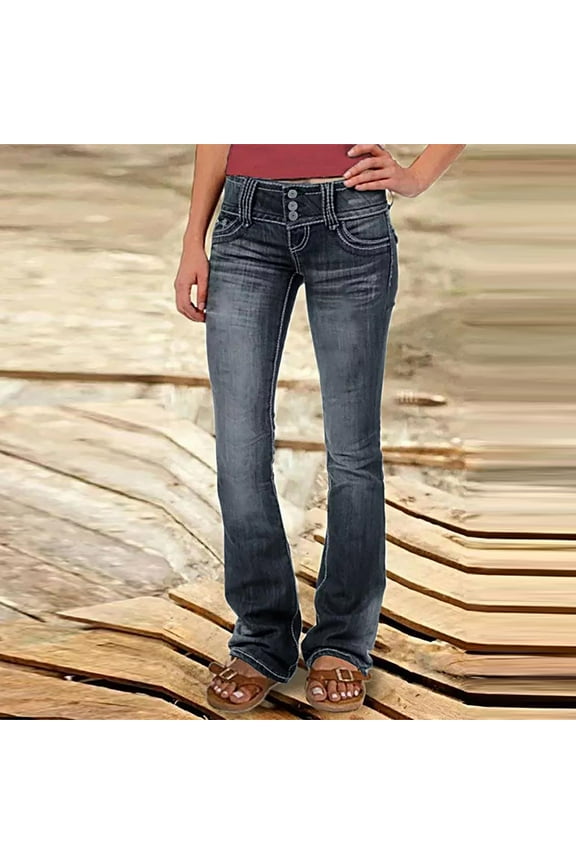 Jeans for Women,Womens Button Fly Stretchy Jean Skinny Mid Waist Bootcut Jean Flared Bell Bottom Demin Pants Comfy High Waist Baggy Denim Pants Black