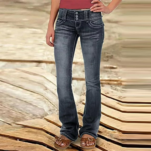 JNGSA Jeans for Women,Womens Button Fly Stretchy Jean Skinny Mid Waist Bootcut Jean Flared Bell Bottom Demin Pants Comfy High Waist Baggy Denim Pants Black