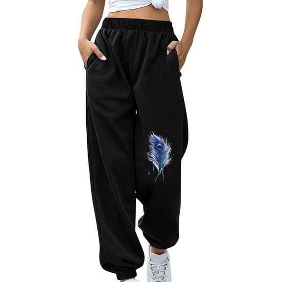 JNGSA Lightweight Pants Women,Baggy Straight Leg Sweatpant for Women Relaxed Loose Feather Printing Trousers Elastic Waist Long Sweatpants with Pocket Black