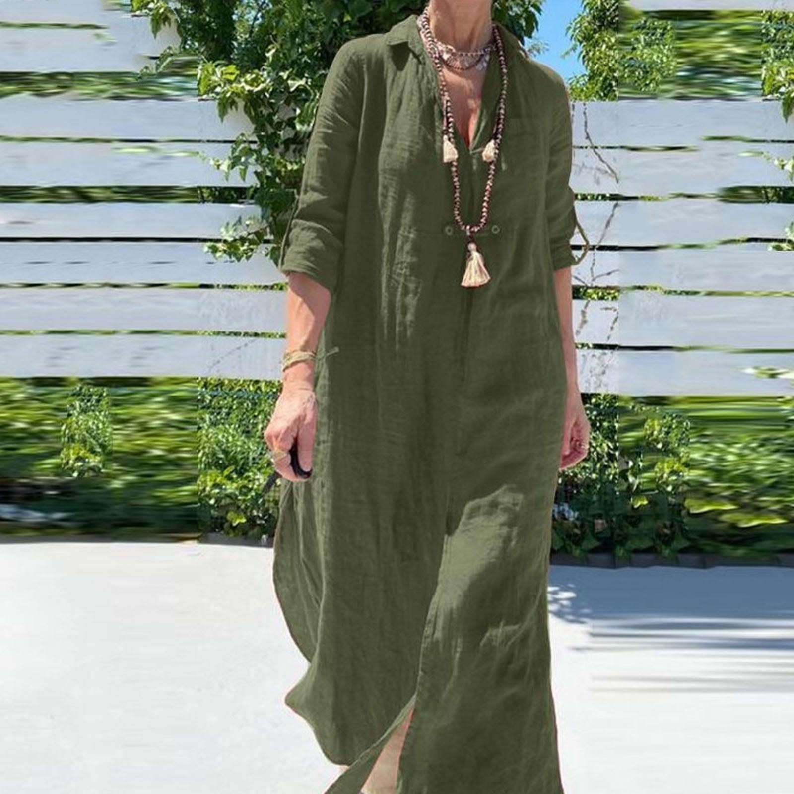 Jacansi Women's Long Hoodie Maxi Dress - Army Green Cotton Blend Hooded Sweatshirt Dress With Pockets
