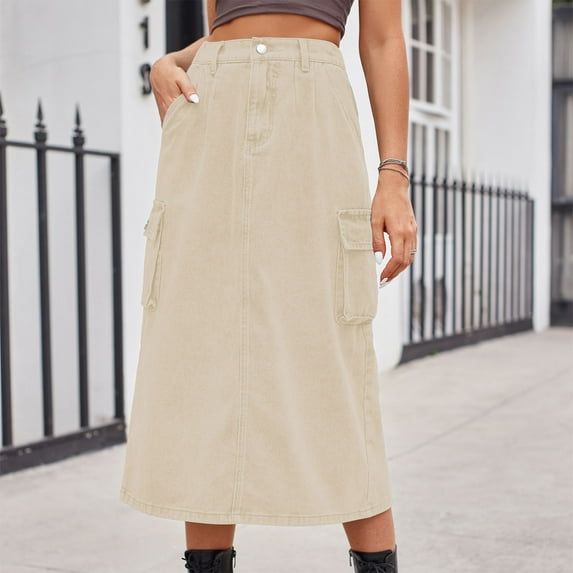JNGSA Long Denim Skirts for Women Maxi High Waist A-Line Jean Skirt with Pockets Summer/Fall Stretch Midi Skirt Khaki