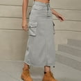 thumbnail image 1 of JNGSA Long Denim Skirts for Women Maxi High Waist Frayed Hem A line Flare Jean Skirt with Pockets Summer Trendy Cargo Skirt Gray, 1 of 8