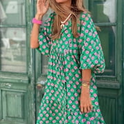 JNGSA Long Dresses for Women 2023 Bohemian Floral Tiered Long Midi Dress Puff Sleeves Flowy Maxi Dress Casual Sundress Green