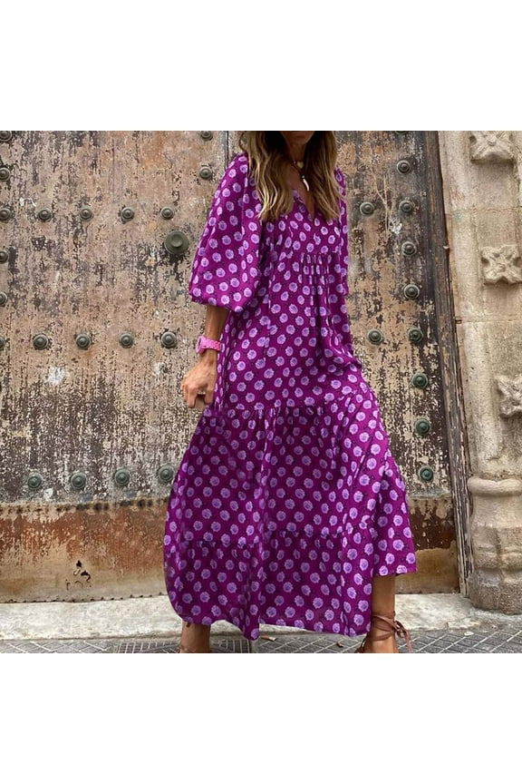 Long Dresses for Women 2023 Bohemian Floral Tiered Long Midi Dress Puff Sleeves Flowy Maxi Dress Casual Sundress Purple
