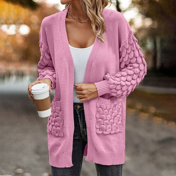 JNGSA Long Sleeve Cable Knit Long Cardigan for Women 2023 Fall/Winter Chunky Open Front Button Sweaters with Pockets Hot Pink