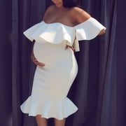 JNGSA Maternity's Summer Floral Midi Bodycon Dresses,Short Puff Sleeve Off-shoulder Ruffle Hem Mermaid Baby Shower Dress White L