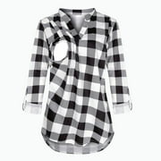 JNGSA Maternity's V-Neck Plaid Long Sleeve Breast-Feeding Pregnant Woman Nursing Buttons Blouse Tops Blue XL