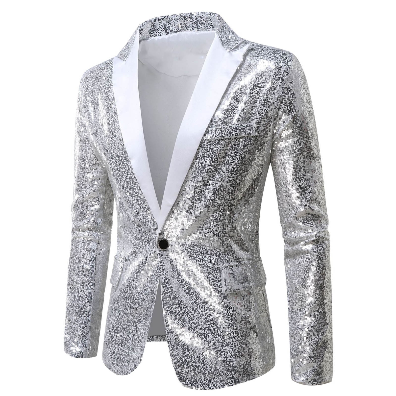 JNGSA Men Shiny Sequin Blazer for Party Dinner Prom,One Button Long Sleeve  Suit Dress Jacket Color Matching Performance Suit Silver M - Walmart.com