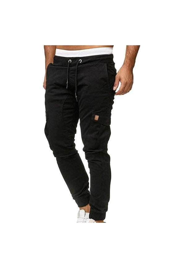 Men's Cargo Pants with Pockets Plus Size Drawstring Trouser Casual Solid Color Elastic Waist Loose Pants with Pocket Khaki M