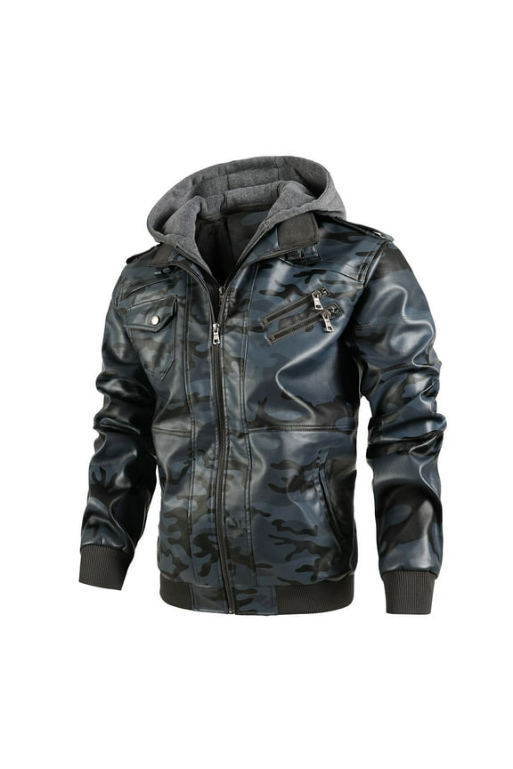 Men's Casual Faux Leather Jacket Hooded Zip-Up Motorcycle Bomber Jacket Casual Cardigan Warm Cotton Jacket with Pocket Dark Blue XL