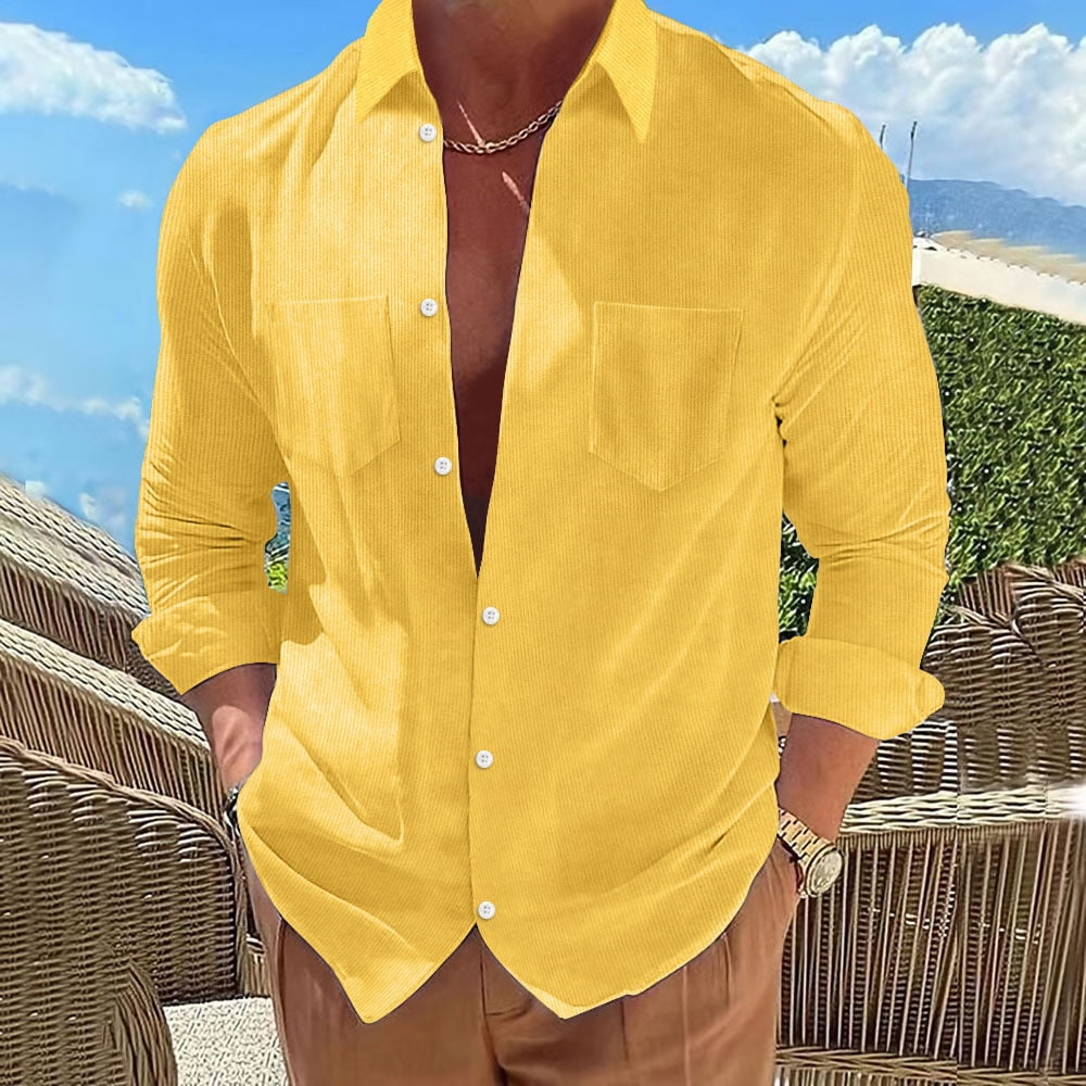 QIPOPIQ Clearance Men's Shirts Turndown Long Sleeve New Corduroy Lapel  Shirt Loose Comfortable Youth Yellow L