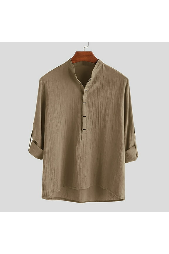 Men's Cotton Linen Shirt Long Sleeve Casual Beach T Shirts Roll-Up Sleeve Tops Plain Quater-Button Tops Brown XL