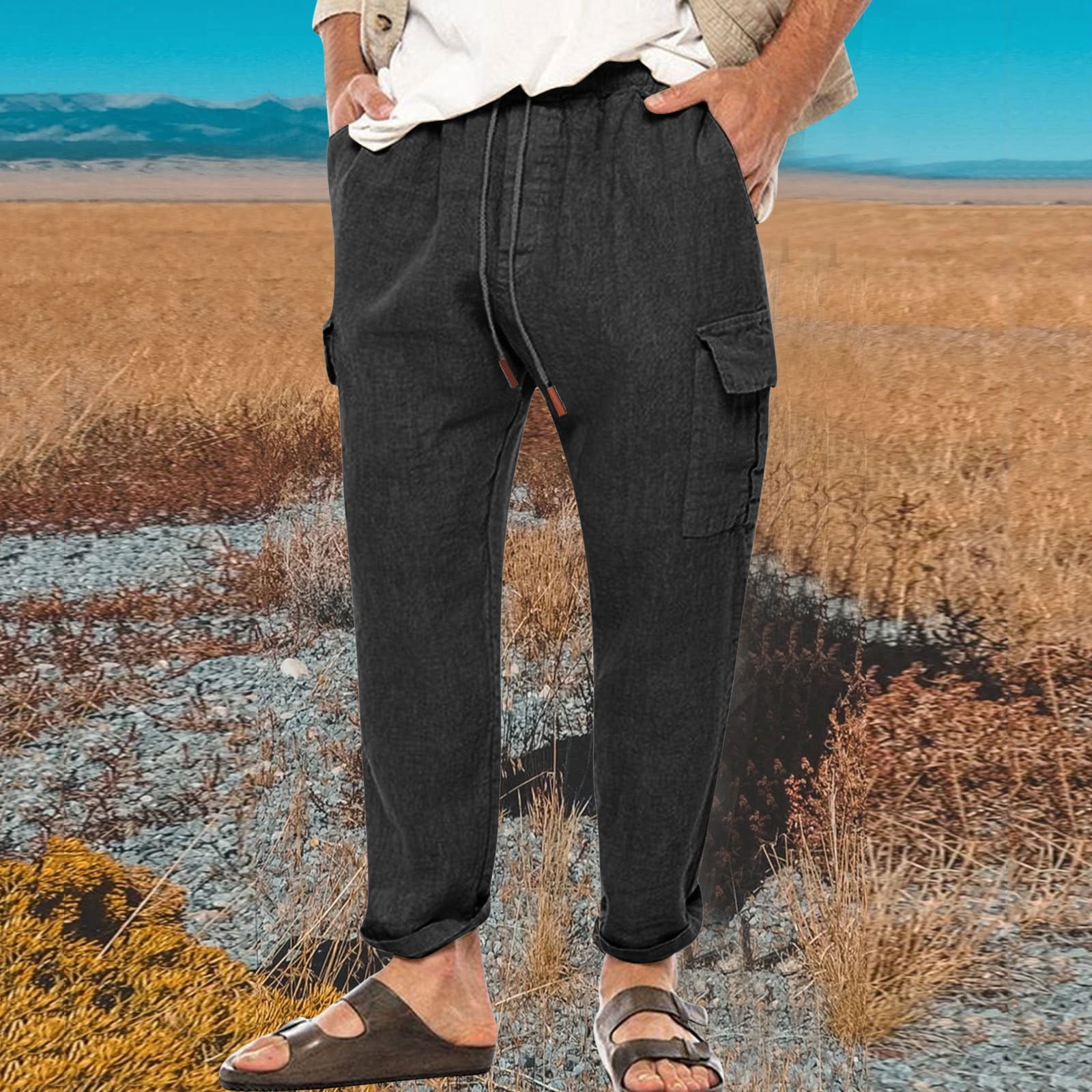 Buy Ficerd 2 Pcs Men's Drawstring Linen Pants Men Casual Beach Trousers  with Pocket Lightweight Elastic Yoga Pant, Black, White, Black, White, XL  at Amazon.in