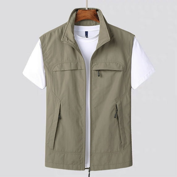 JNGSA Men's Lightweight Vest Sleeveless Windproof Jacket with Zipper Pcoket Sports Vest for Cycling Travel Hiking Running Golf Khaki M