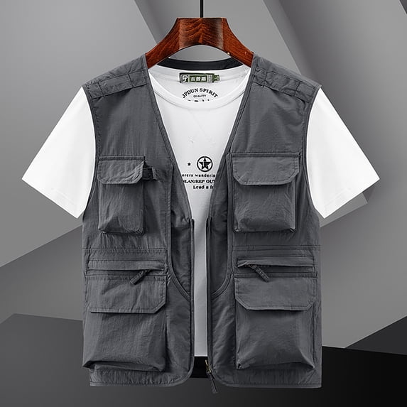 JNGSA Men's Outdoor Cargo Vest with Multi-Pocket Quick-drying Sleeveless Vest Jacket Utility Vest for Fishing Hiking Fintness Gray M