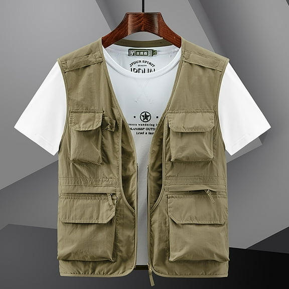 JNGSA Men's Outdoor Cargo Vest with Multi-Pocket Quick-drying Sleeveless Vest Jacket Utility Vest for Fishing Hiking Fintness Khaki XXXXL