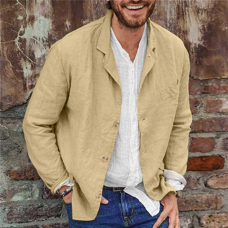 JNGSA Men’s Slim Fitting Linen Jacket Cotton Lightweight Button 