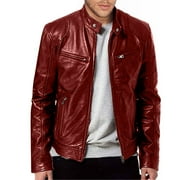 JNGSA Men's Vintage Faux Leather Jacket Long Sleeve Winter Collar Bomber Coat Slim Fitting Zipper Motorcycle Jacket with Pocet Wine XXL
