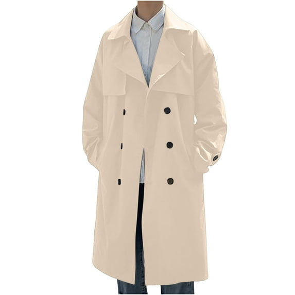 JNGSA Men's Winter Long Trench Coat Double Breasted Long Winter Pea Coat Windbreaker Business Casual Lapel Jacket with Pocket Khaki XXL