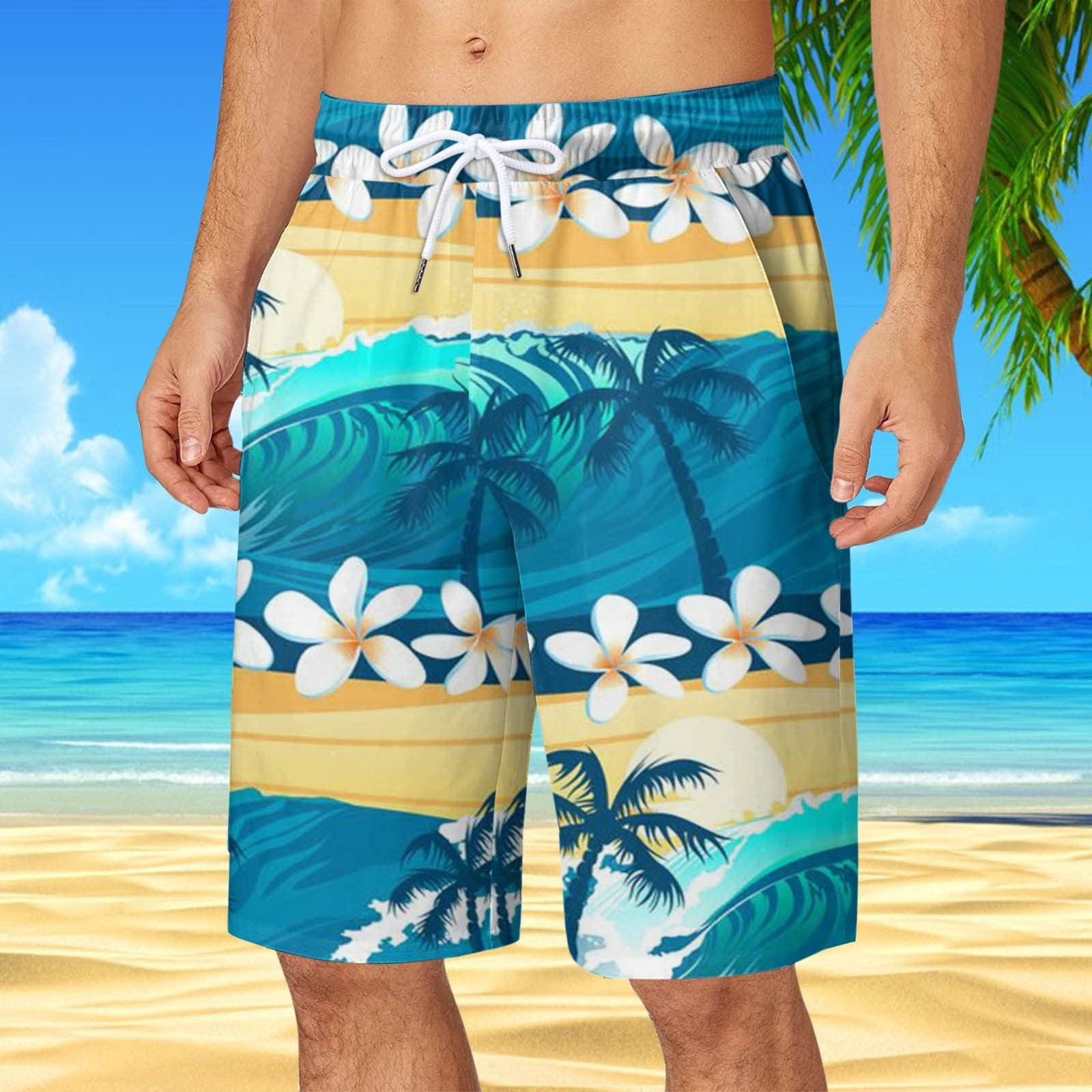 JNGSA Men's Hawaiian Beach Board Shorts Swim Trunks with Pocket
