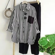 JNGSA Pants Sets Women 2 Piece Outfits,Women's 2 Piece Outfits Oversized Button-down Long Sleeve Blouse Shirt and High Waisted Pants Casual Lounge Set Black