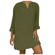 JNGSA Plus Size Fall Dresses,Women's Cotton Linen Long Sleeve Dress Solid Color V-Neck Loose V-Neck Midi Dress Oversized Comfy Dress Army Green