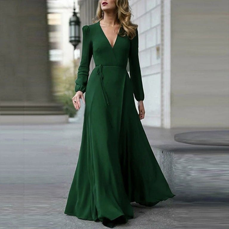 Jngsa Plus Size Fall Dresses Women s Elegant Long Sleeve Dress Solid Color V Neck Flowy Dress Deep V Formal Dress for Bride or Guest Army Green Size