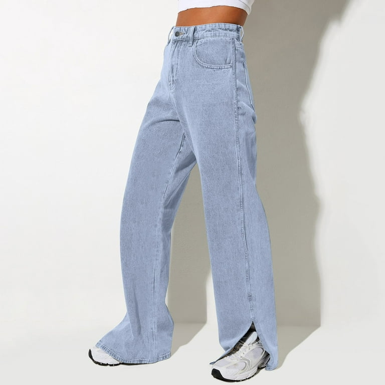 JNGSA Plus Size Jeans for Women Stretch,2023 Women's High Waist Baggy Jeans  Wide Leg Denim Jeans Side Slit Jeans Straight Casual Trousers Classic