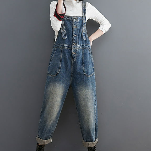 JNGSA Plus Size Jumpsuits for Women,Women's Denim Jumpsuit with Pocket Button Loose Denim Jumpsuit Jean Pants Strap Pants Pantsuit for Women