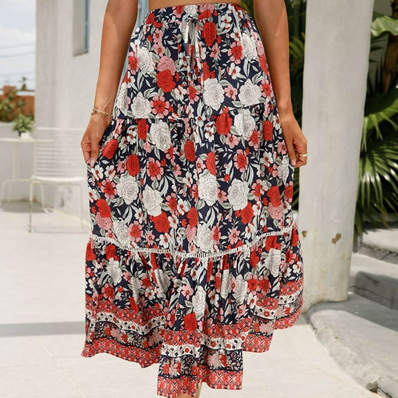 JNGSA Plus Size Skirts for Women, Womens Spring Summer Irregular Skirt Drawstring Ankle Length Skirt High Waisted Maxi Skirt Long Skirt