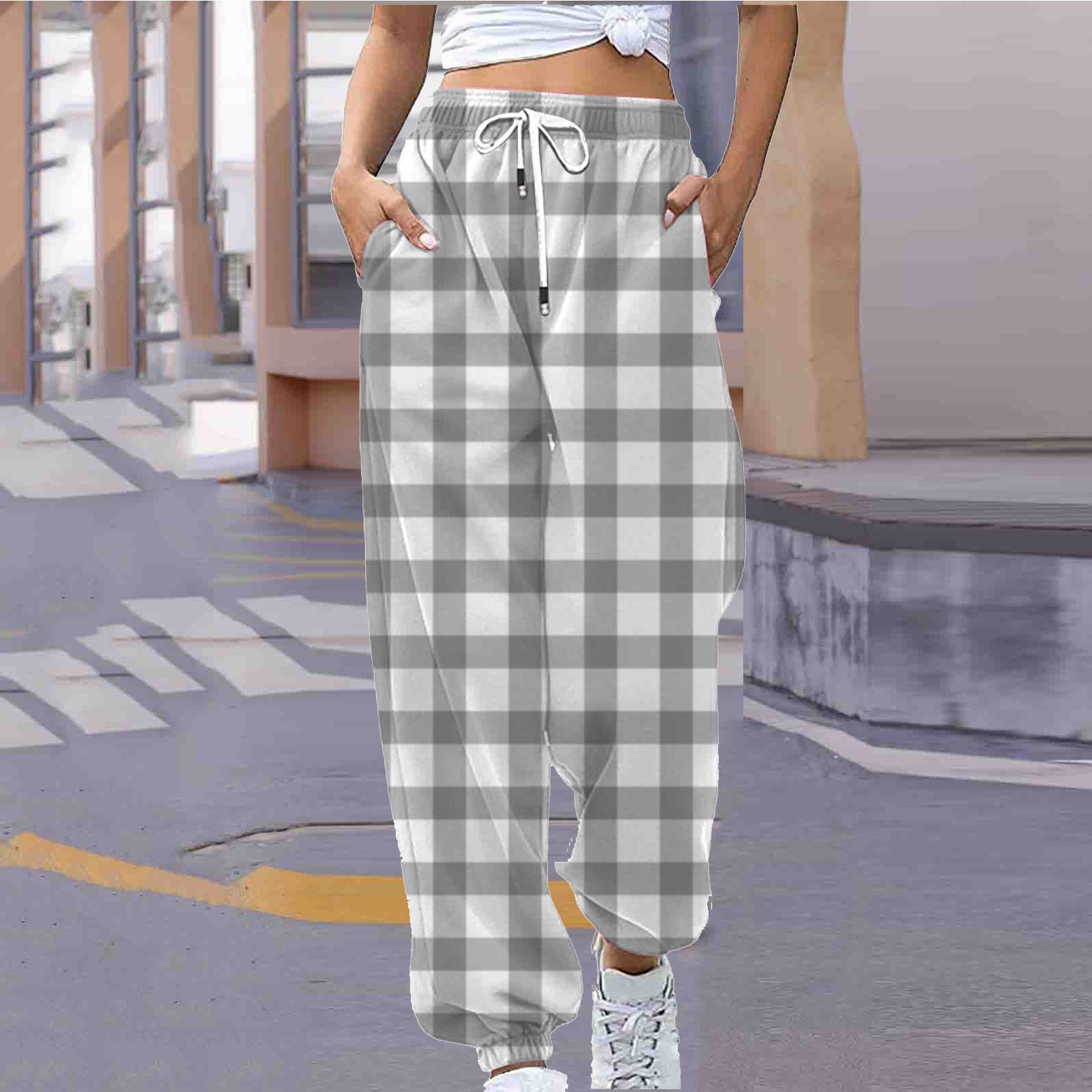 JNGSA Pull On Pants for Women High Waist Plaid Baggy Pants for Women Loose Lounge Trousers with Pockets Drawstring Cuffed Sweatpants Comfy Elastic