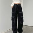 thumbnail image 1 of JNGSA Pull On Pants for Women,Women's High Waist Cargo Jean Flap Pocket Wide Leg Denim Pants Casual Pants Baggy Stretchy Streetwear Versatile Workwear Pants Black, 1 of 3