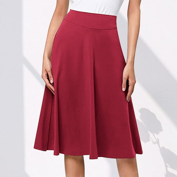 JNGSA Skirts for Women Plus Size, Women's Ruched High Waist Knee Length A-Line Stretchy Flared Skirt Casual Pleated Midi Skirt