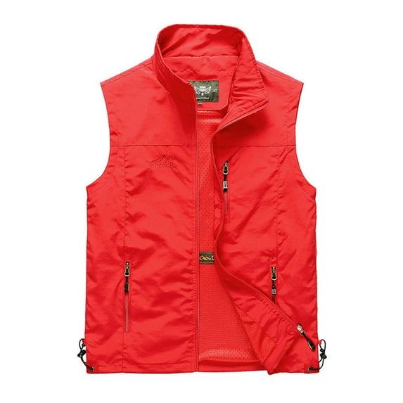 JNGSA Sleeveless Jacket with Pockets Full Zip Vest for Mens Casual Outdoor Casual Collared Vest Waistcoat Fall Solid Color Outwear Red XXL