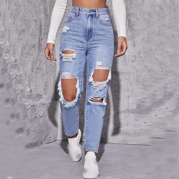Aueoeo Straight Leg Jean for Women,Women's High Waist Straight Leg Ripped Jean Distressed Denim Pants New Washed Straight Leg Denim Trouser Streetwear Light Blue
