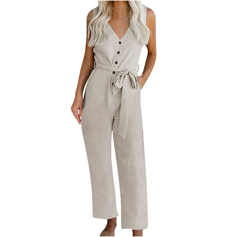 JNGSA Summer Business Casual Outfits for Women Sleeveless High Waisted Solid Color Straight Pants Romper Belt Button Jumpsuits Beige
