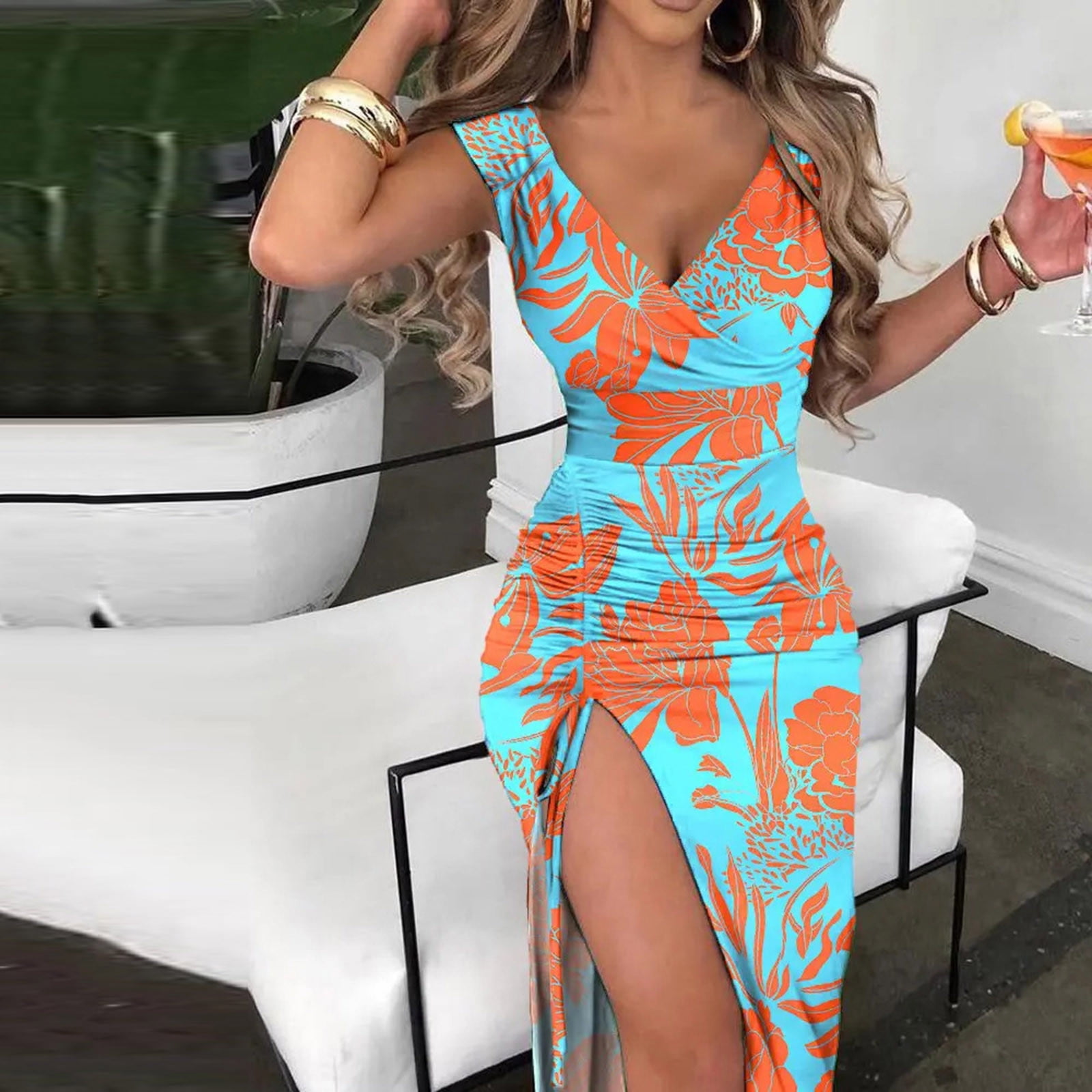 JNGSA Summer Dresses for Women Women's Summer Sexy V-Neck Sleeveless  Printed Drawstring Ruched High Slit Party Dress Tshirt Dress for Women Sexy  Dresses for Women Clearance - Walmart.com
