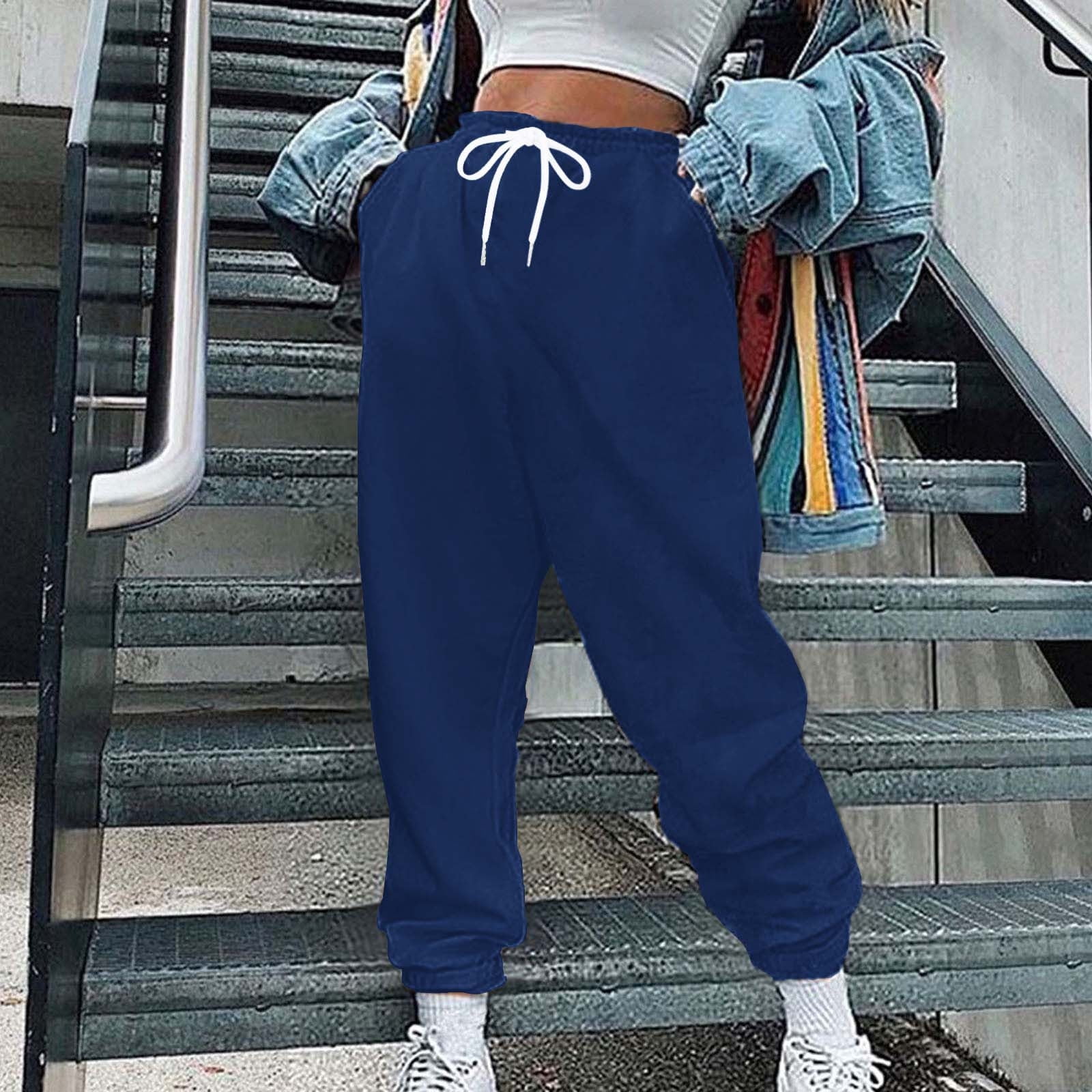 JNGSA Tall Sweatpants for Women,Women's High Waisted Baggy Sweatpants 2042  Fall Drawstring Jogger Pants Streetwear Jogger Loose Trendy Lounge Trousers  with Pockets Navy 
