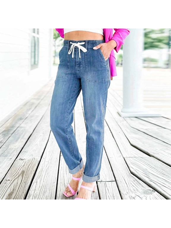 Tummy-Control Jeans,Women's Denim Stretch Joggers Drawstring Elastic Waist Pull On Jean with Side Pocket High Waist Loose Stretch Wide Leg Jean Trousers Light Blue