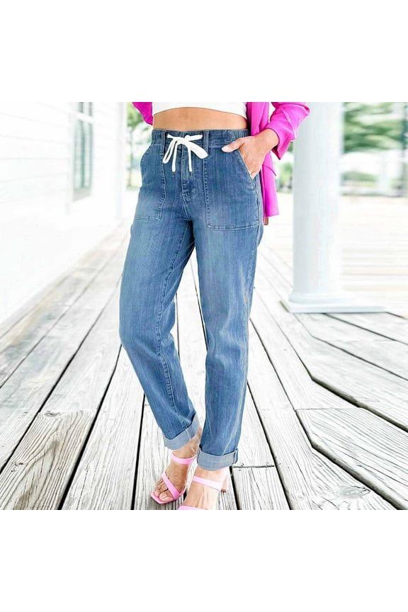 Tummy-Control Jeans,Women's Denim Stretch Joggers Drawstring Elastic Waist Pull On Jean with Side Pocket High Waist Loose Stretch Wide Leg Jean Trousers Light Blue