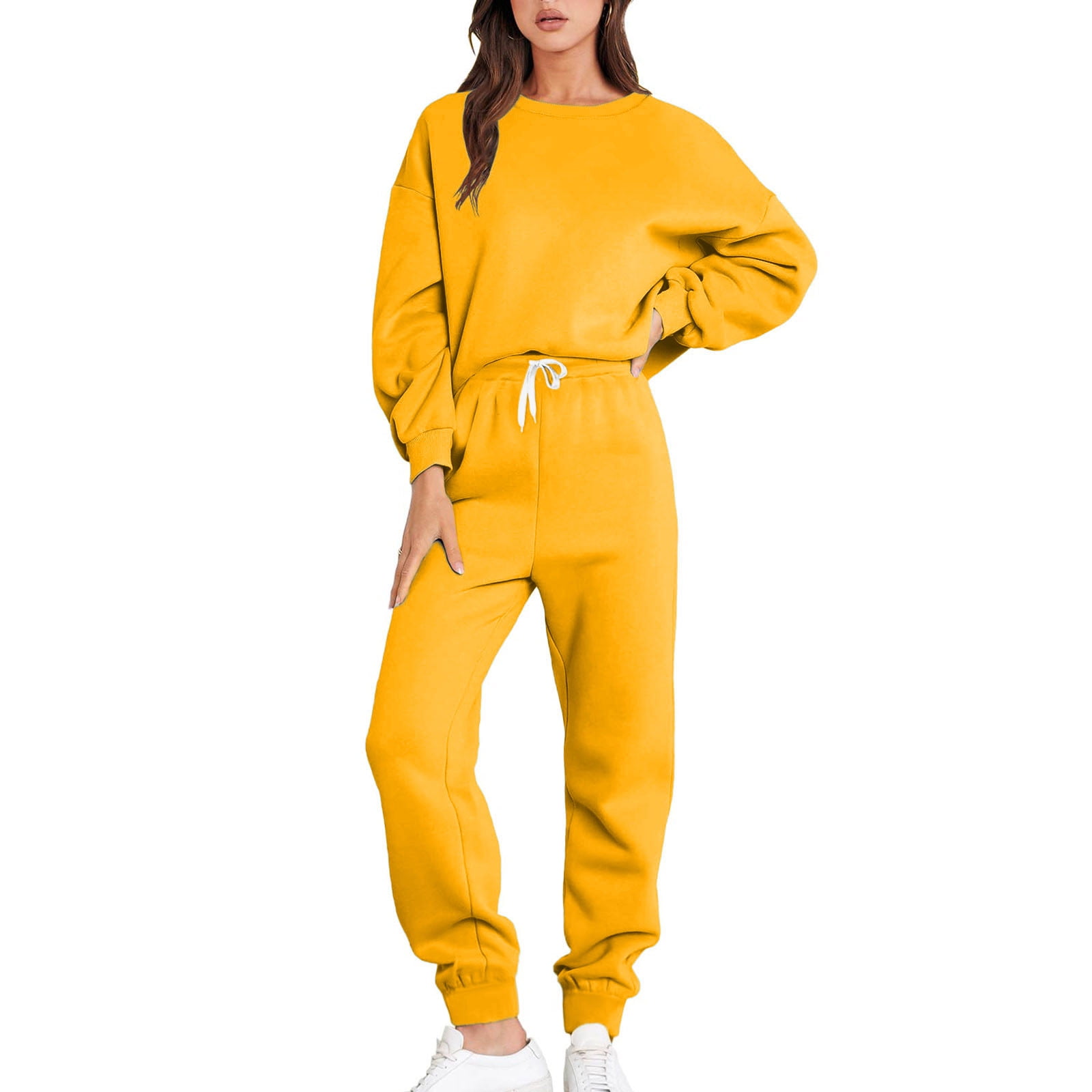JNGSA Two Piece Outfits for Women Fall Womens Casual 2 Piece Sweatsuit Drop Shoulder Sleeves Sweatshirt and Drawstring Joggers Pant Tracksuit Set
