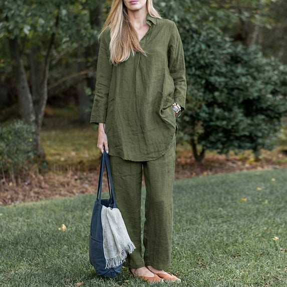JNGSA Two Piece Outfits for Women Going Out,Linen Sets for Women,Cotton Long Sleeve V-Neck Lapel Tops and Wide Leg Pants Summer/Fall Casual Solid Color Set Army Green